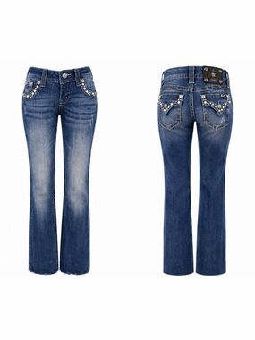Miss Me Pearl & Crystal Embellished Stretch Denim Raw Hem Bootcut Jeans Size 26